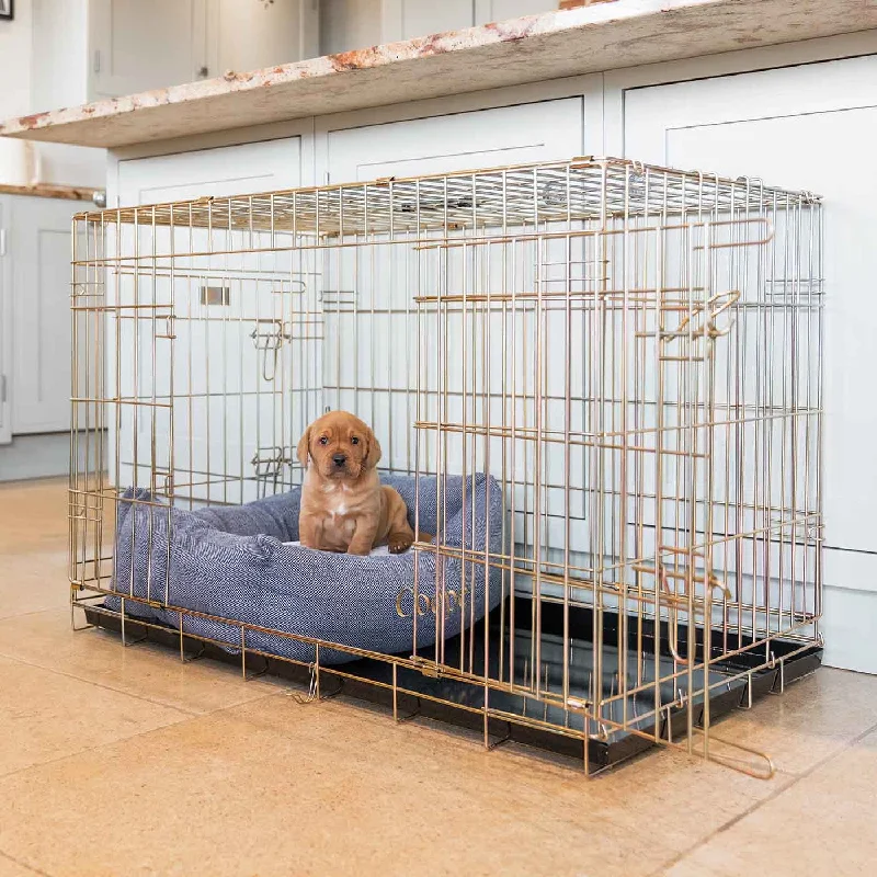 Gold Dog Crate with Cosy & Calming Puppy Crate Bed in Oxford Herringbone by Lords & Labradors