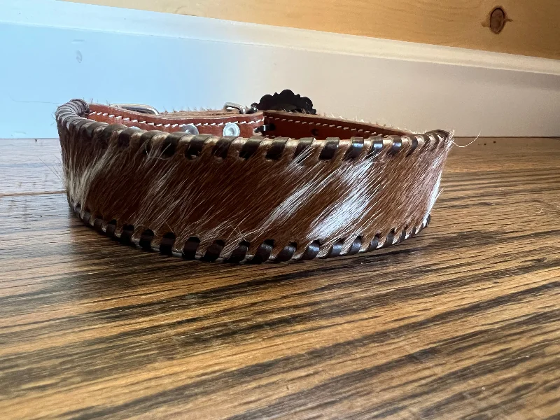 Leather dog collar with hair on cowhide with rawhide lacing