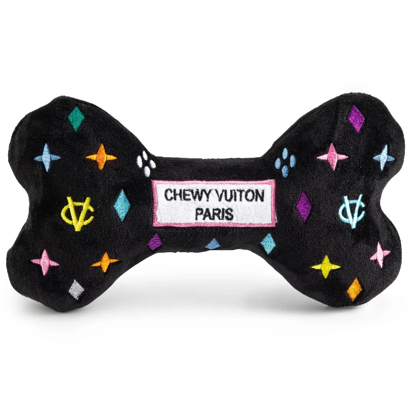 Black Monogram Chewy Vuiton Bone Squeaker Dog Toy: Small / Mini