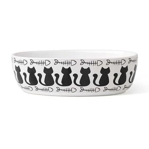 Ceramic Pet Bowl - 7" Kitty & Fish Bone Oval (Dishwasher Safe)