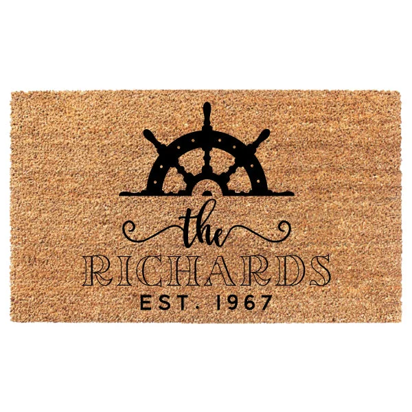 Nautical Ship Helm Last Name Date Doormat